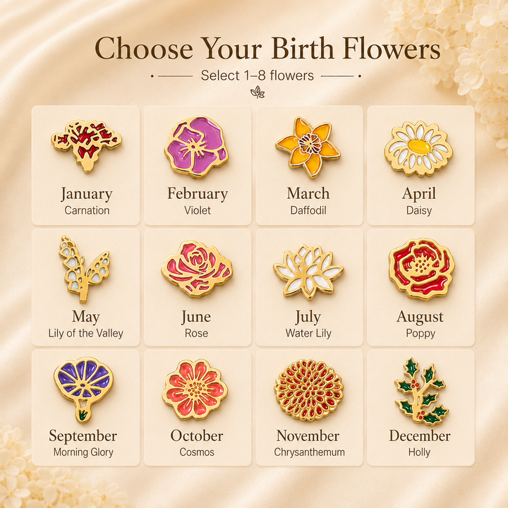 Personalized Birth Flower Bracelet for Mom – Custom Family Flower Bracelet with 1–8 Flowers