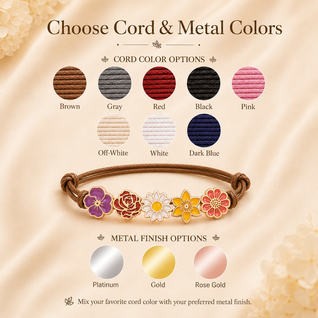 Personalized Birth Flower Bracelet for Mom – Custom Family Flower Bracelet with 1–8 Flowers