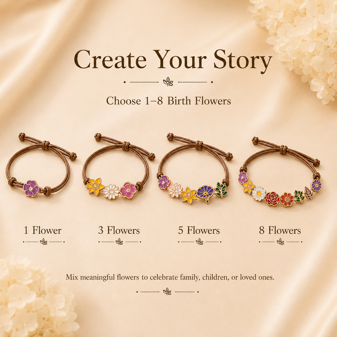 Personalized Birth Flower Bracelet for Mom – Custom Family Flower Bracelet with 1–8 Flowers