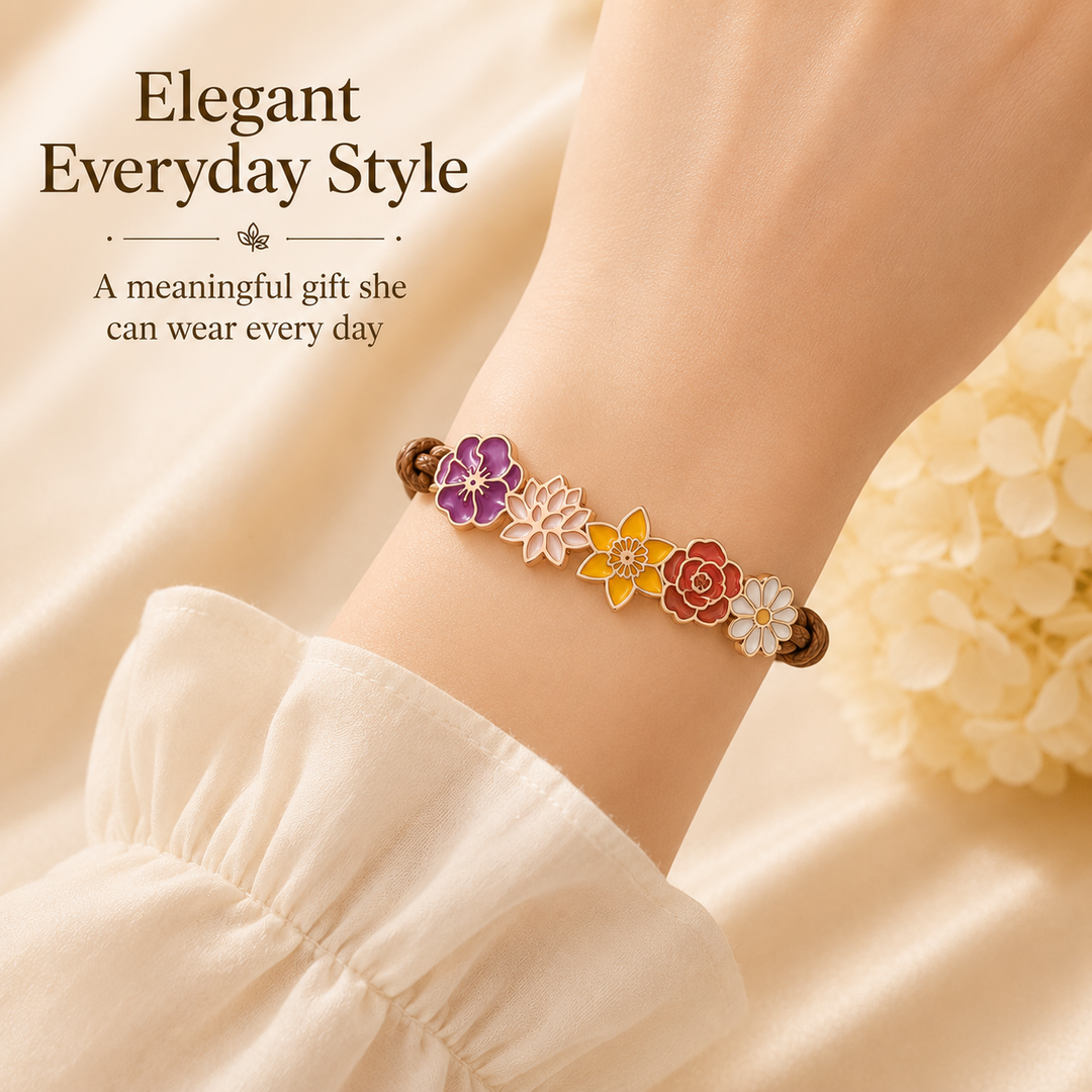 Personalized Birth Flower Bracelet for Mom – Custom Family Flower Bracelet with 1–8 Flowers