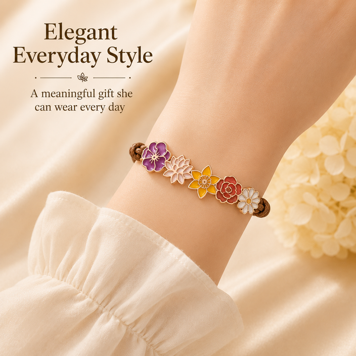 Personalized Birth Flower Bracelet for Mom – Custom Family Flower Bracelet with 1–8 Flowers
