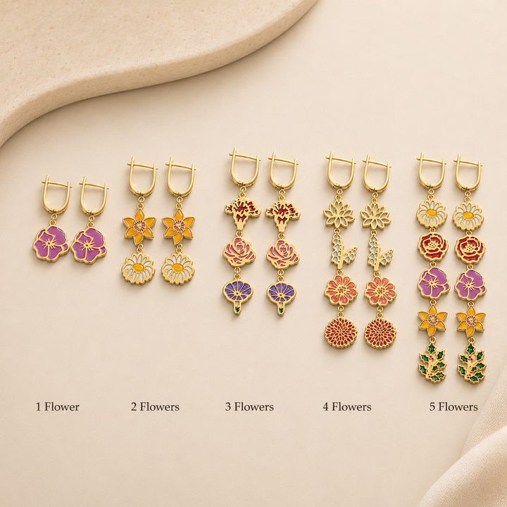 Personalized Birth Flower Dangle Earrings, Custom 1–5 Birth Month Flower Earrings, Meaningful Birthday Gift for Mom Grandma