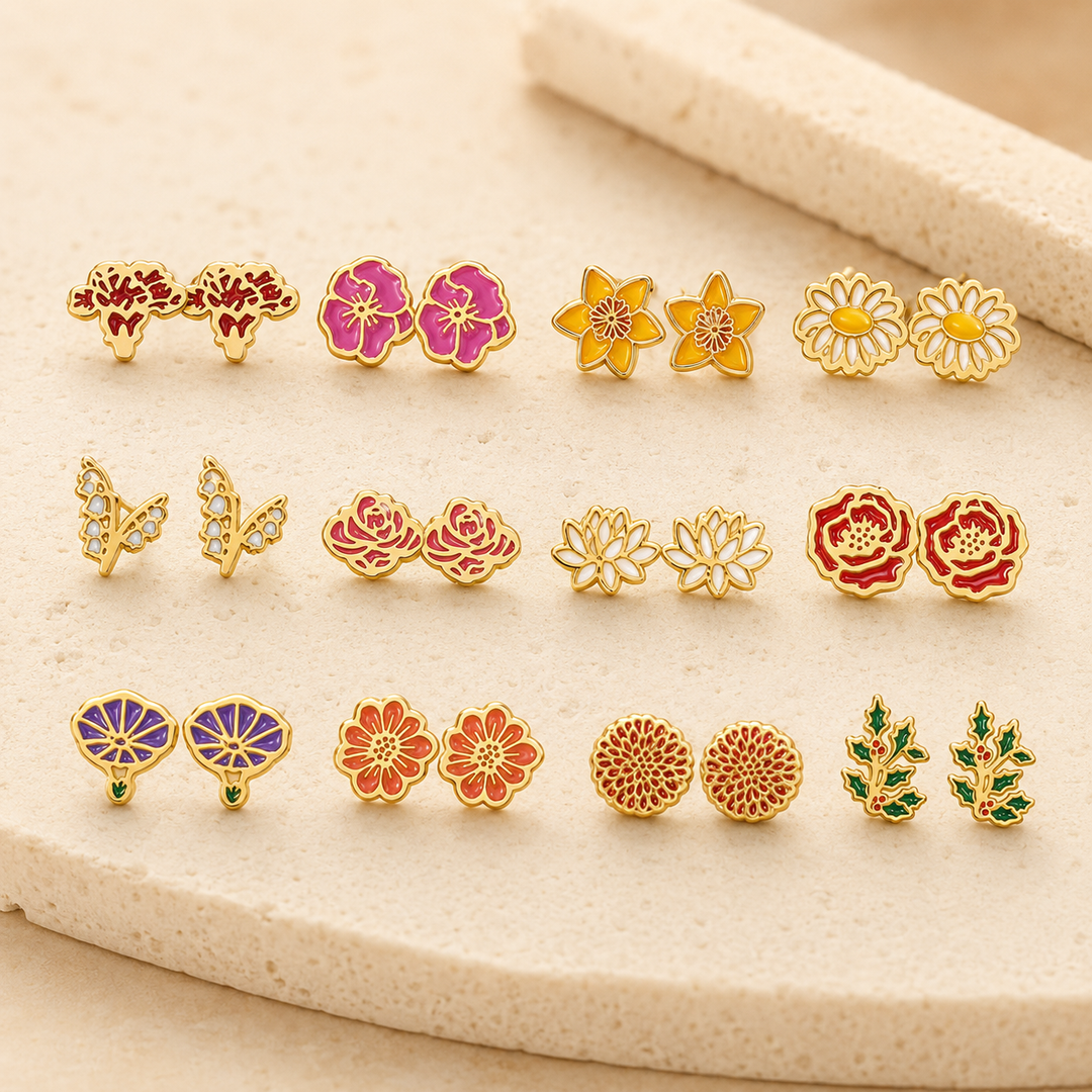 Personalized Birth Flower Stud Earrings for Her