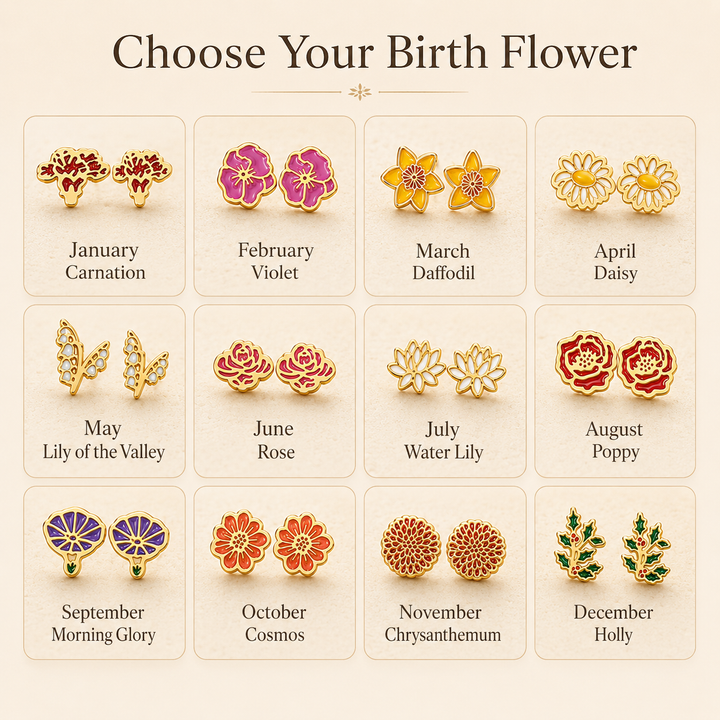 Personalized Birth Flower Stud Earrings for Her
