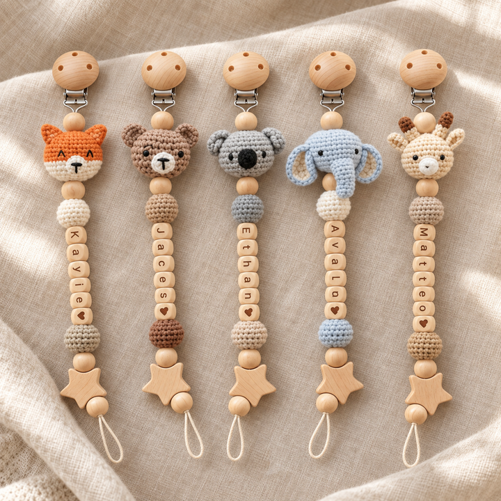 Personalized Crochet Pacifier Clip, Neutral Boho Pacifier Holder, Custom Name Baby Accessory, Newborn Baby Shower Gift