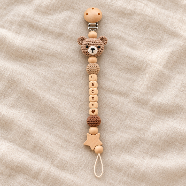 Personalized Crochet Pacifier Clip, Neutral Boho Pacifier Holder, Custom Name Baby Accessory, Newborn Baby Shower Gift