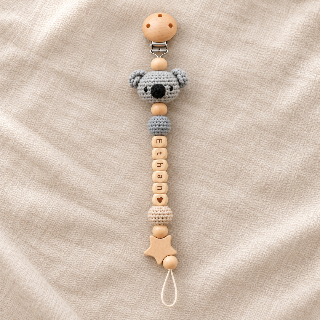 Personalized Crochet Pacifier Clip, Neutral Boho Pacifier Holder, Custom Name Baby Accessory, Newborn Baby Shower Gift