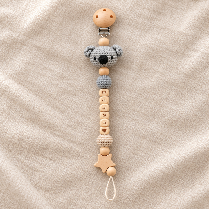 Personalized Crochet Pacifier Clip, Neutral Boho Pacifier Holder, Custom Name Baby Accessory, Newborn Baby Shower Gift