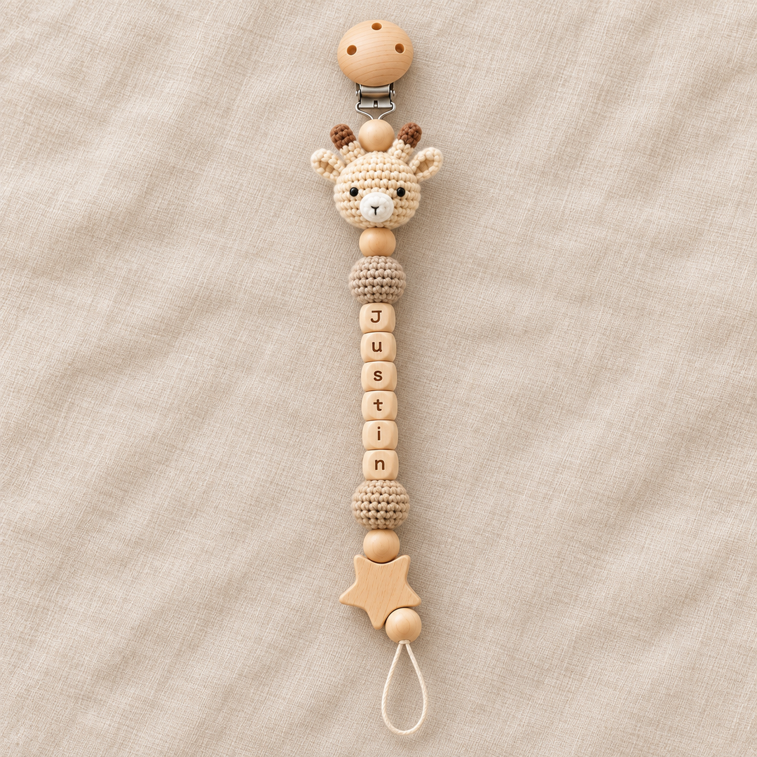 Personalized Crochet Pacifier Clip, Neutral Boho Pacifier Holder, Custom Name Baby Accessory, Newborn Baby Shower Gift