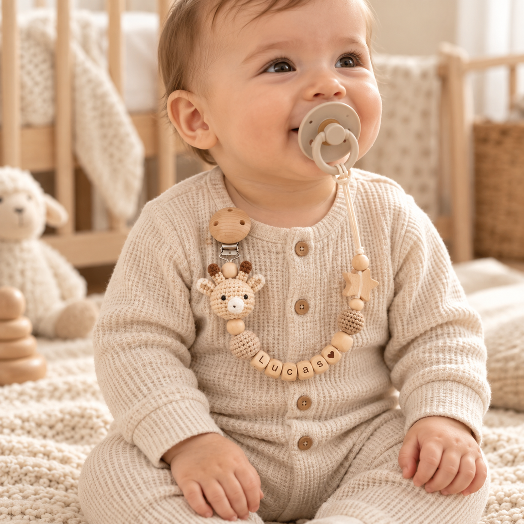 Personalized Crochet Pacifier Clip, Neutral Boho Pacifier Holder, Custom Name Baby Accessory, Newborn Baby Shower Gift