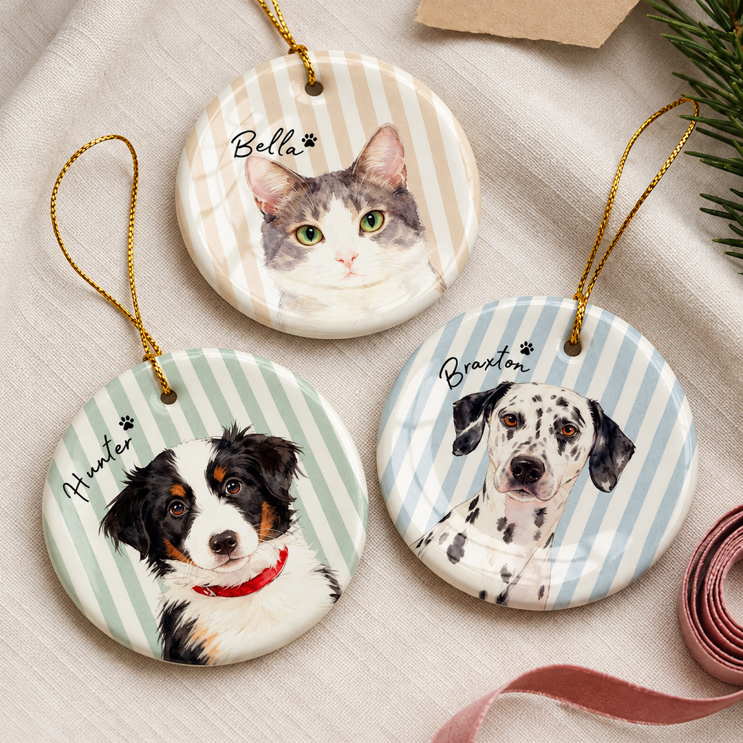 Personalized Pet Portrait Christmas Ornament – Custom Name & Striped Color Design, Double-Sided Print