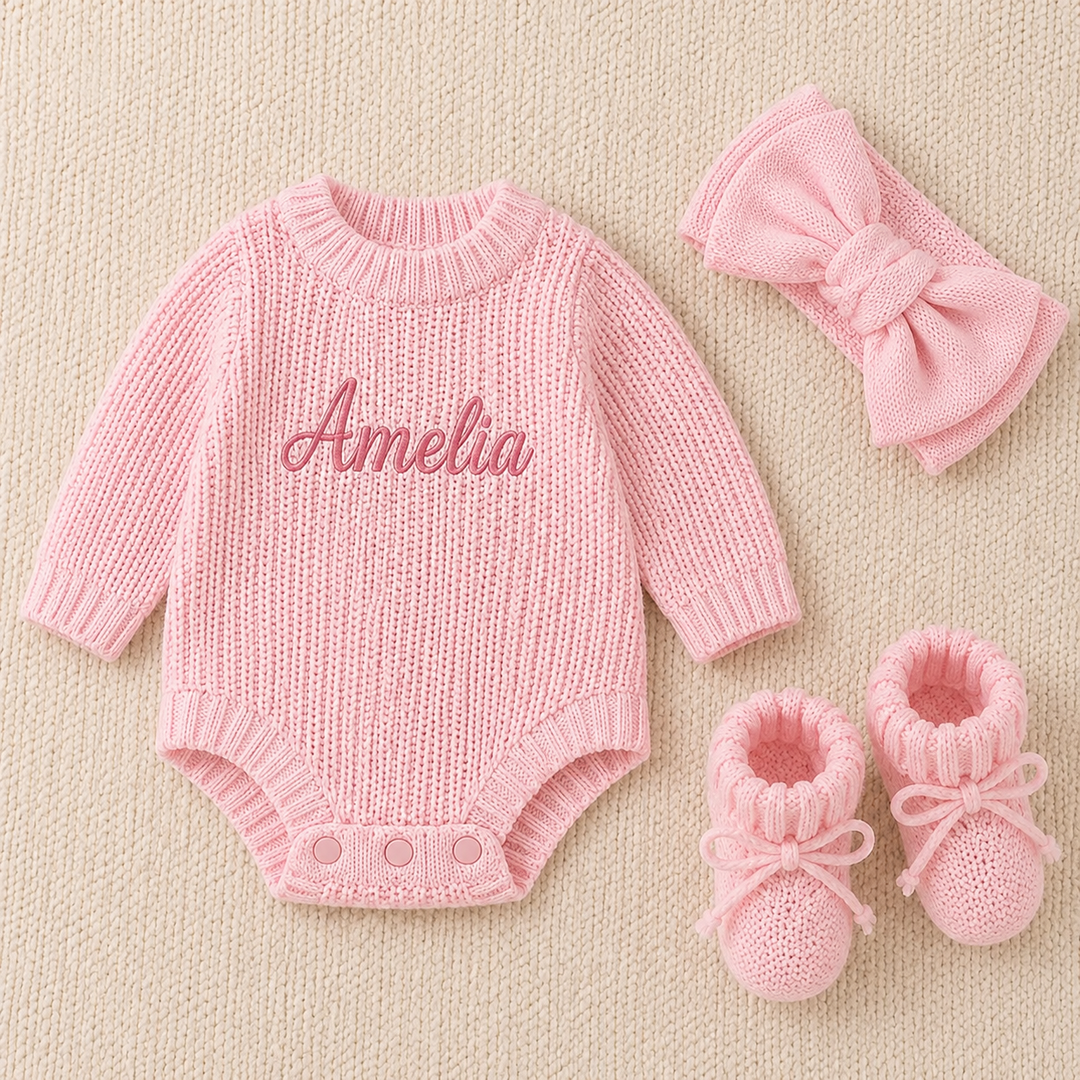 Romper + Bow Headband + Knit Booties