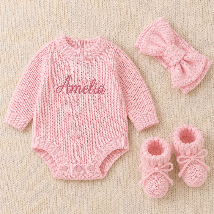 Romper + Bow Headband + Knit Booties