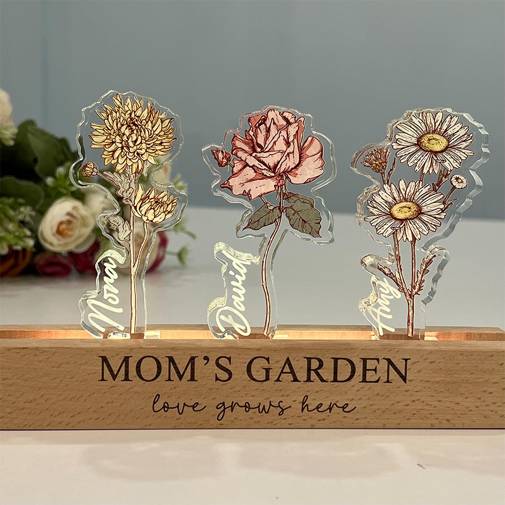 Custom Birth Flower 3D Crystal Acrylic LED Light  With Children's Names