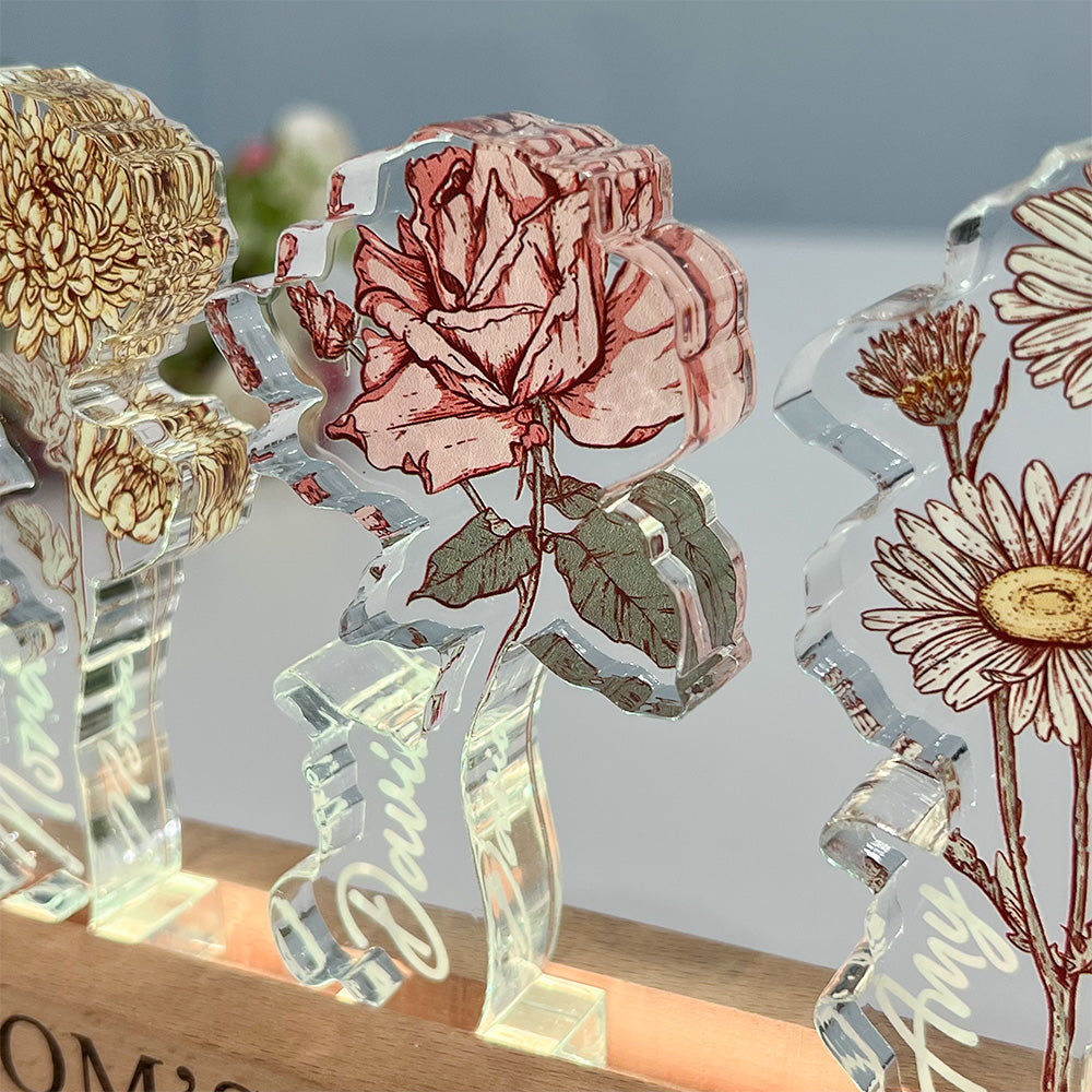 Custom Birth Flower 3D Crystal Acrylic LED Light  With Children's Names