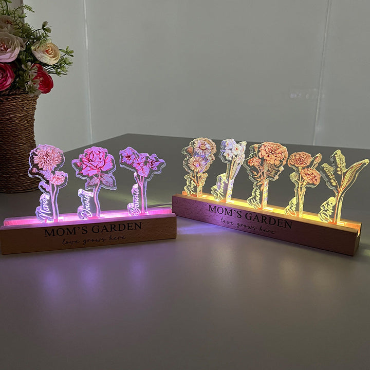 Custom Birth Flower 3D Crystal Acrylic LED Light  With Children's Names