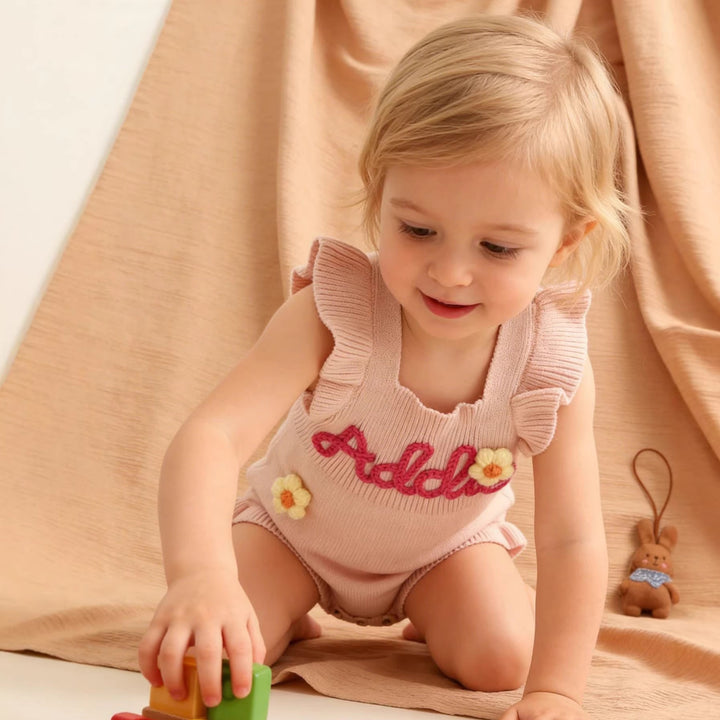 Personalized Baby Girl Knit Romper – Hand-Embroidered Name Outfit