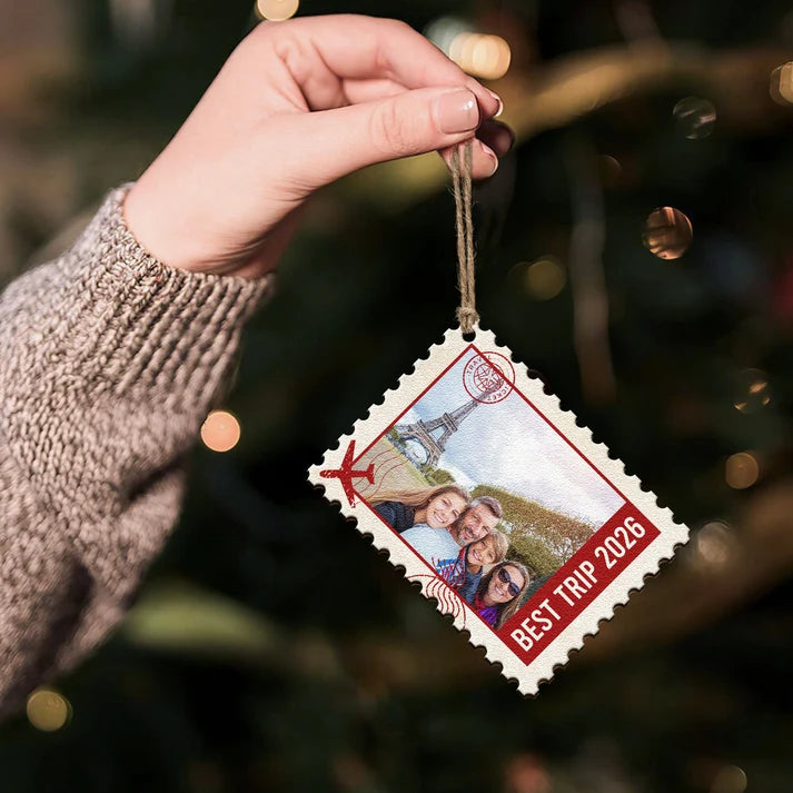 Personalized Family Photo Christmas Ornament – Postage Stamp Wooden Keepsake