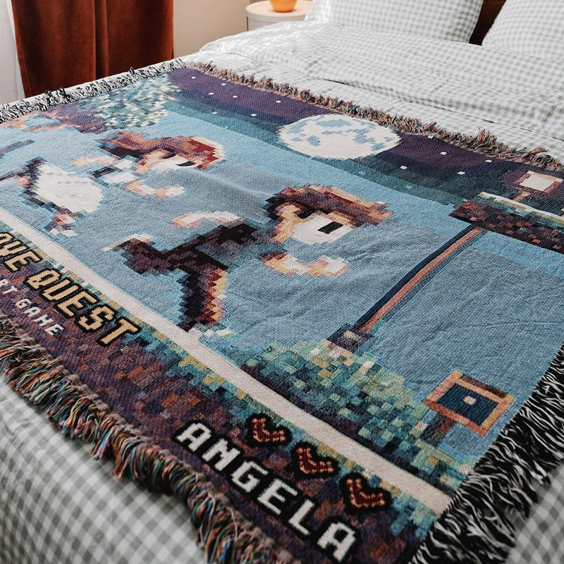 Personalized Retro 8-Bit Gaming Couple Adventure Woven Blanket – Custom Gamer Love Story Throw Blanket with Names