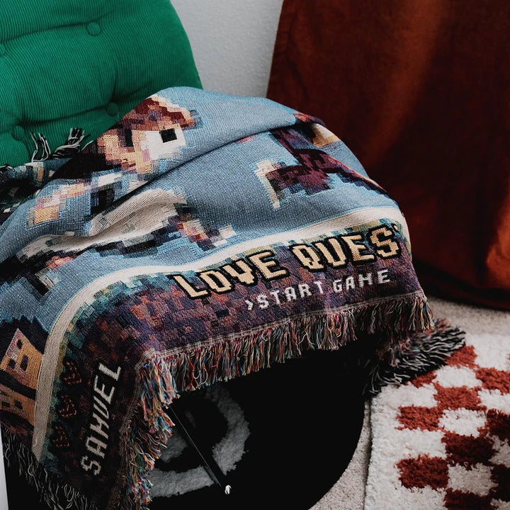 Personalized Retro 8-Bit Gaming Couple Adventure Woven Blanket – Custom Gamer Love Story Throw Blanket with Names