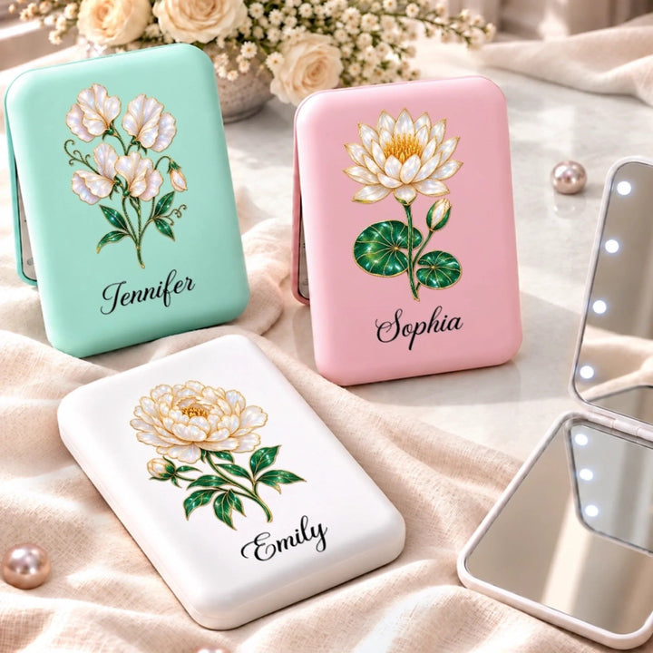 Custom Name Birth Month Flower Makeup Gifts For Women - Personalized LED Compact Makeup Mirror