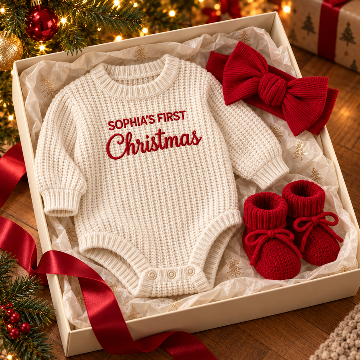 Personalized Baby’s First Christmas Organic Cotton Knit Romper Set