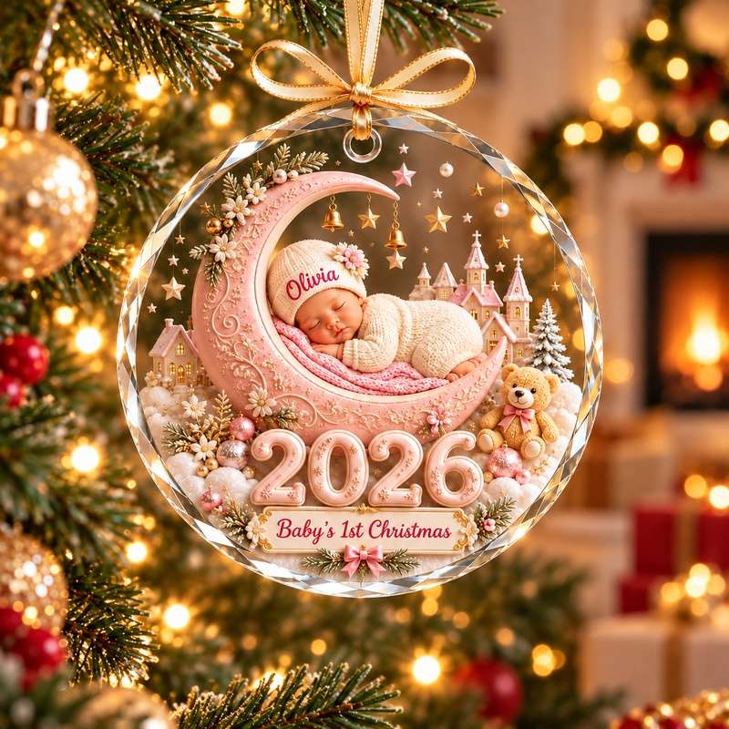 Pink baby first Christmas glass ornament