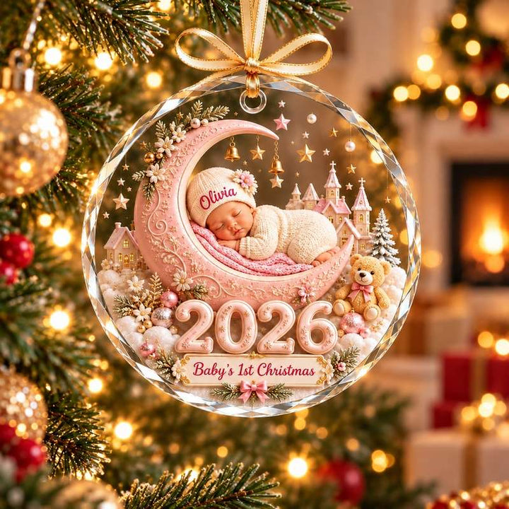 Pink baby first Christmas glass ornament