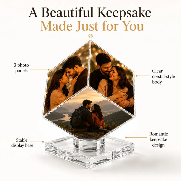 Custom 3-Photo Crystal Diamond Keepsake – Personalized Romantic Photo Display Gift for Couples