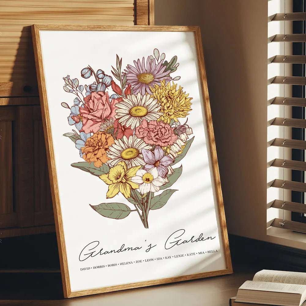 Birth Flower Family Bouquet Custom Names Frame Pro - Canvasgiftco