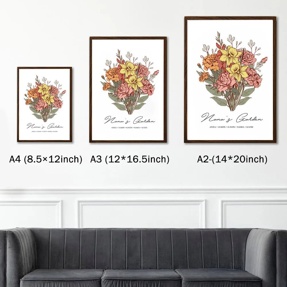 Birth Flower Family Bouquet Custom Names Frame Pro - Canvasgiftco