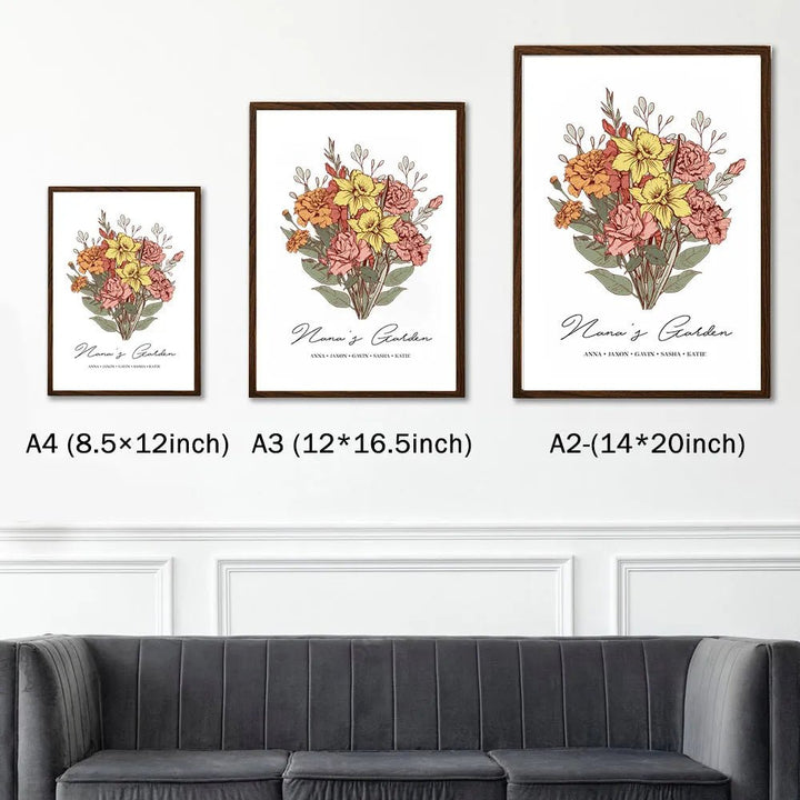 Birth Flower Family Bouquet Custom Names Frame Pro - Canvasgiftco