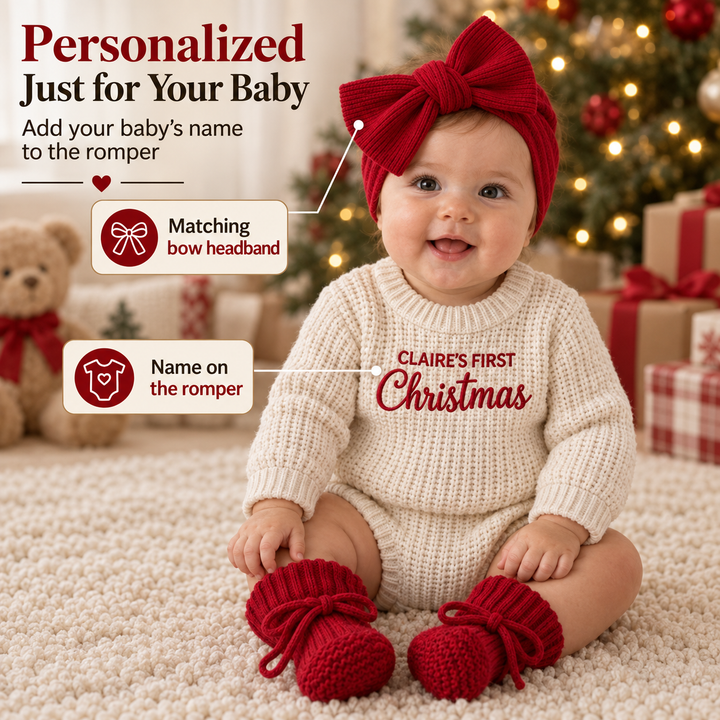 Personalized Baby’s First Christmas Organic Cotton Knit Romper Set