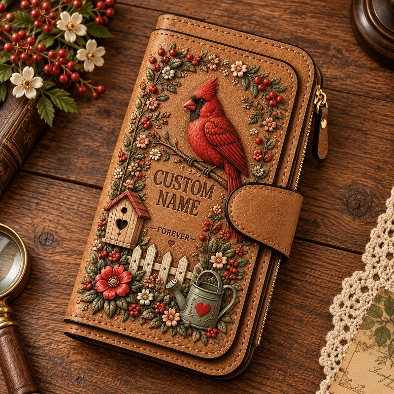 Brown personalized garden wallet - Cardinal