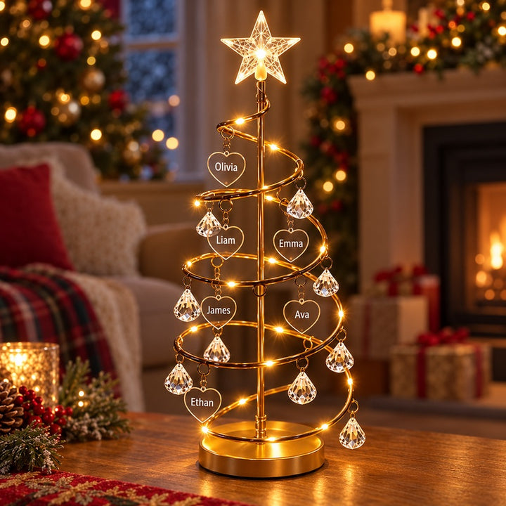 Personalized family name illuminated Christmas tree — full tree with personalized heart charms