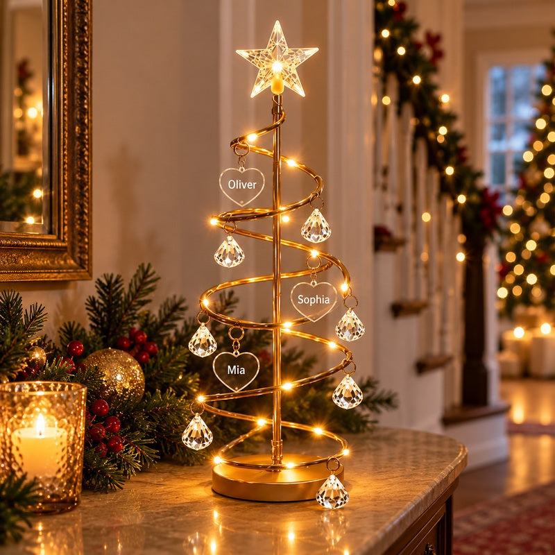 Personalized family name illuminated Christmas tree — indoor console display