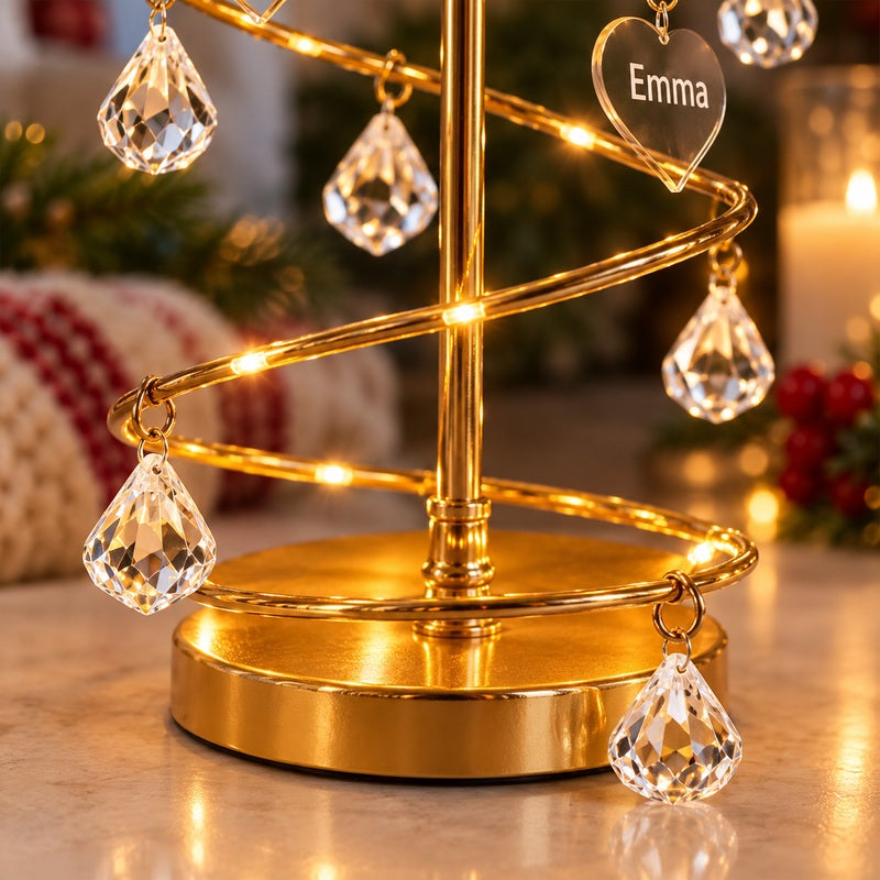 Personalized family name illuminated Christmas tree — metal base and acrylic drops