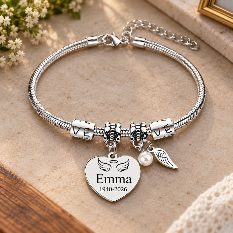 Personalized pearl wings memorial bracelet — complete bracelet
