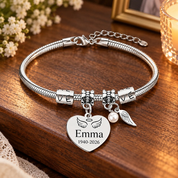 Personalized pearl wings memorial bracelet — clasp and chain