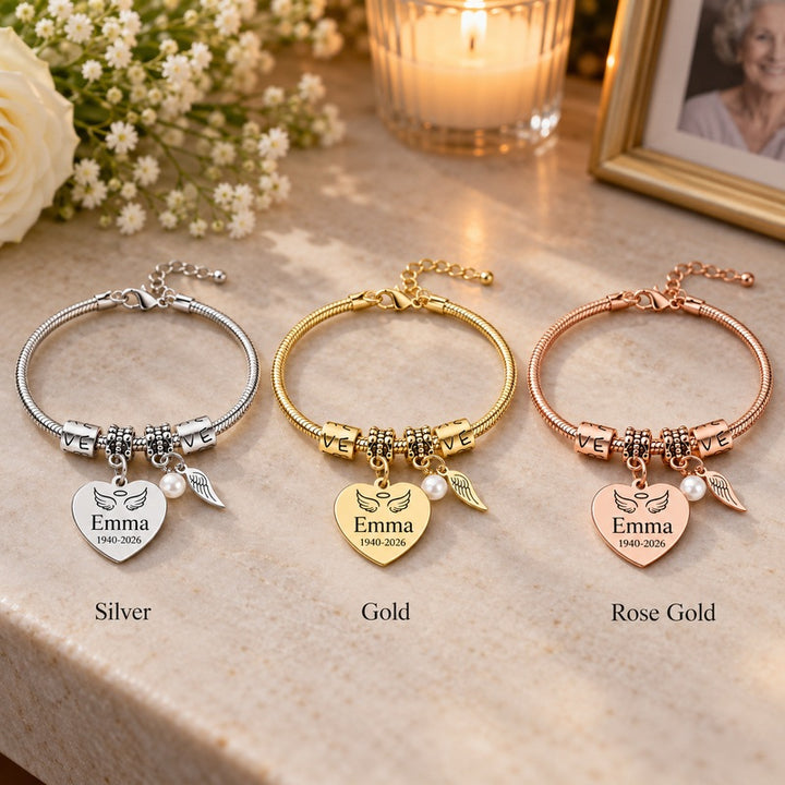 Personalized pearl wings memorial bracelet — silver, gold and rose gold