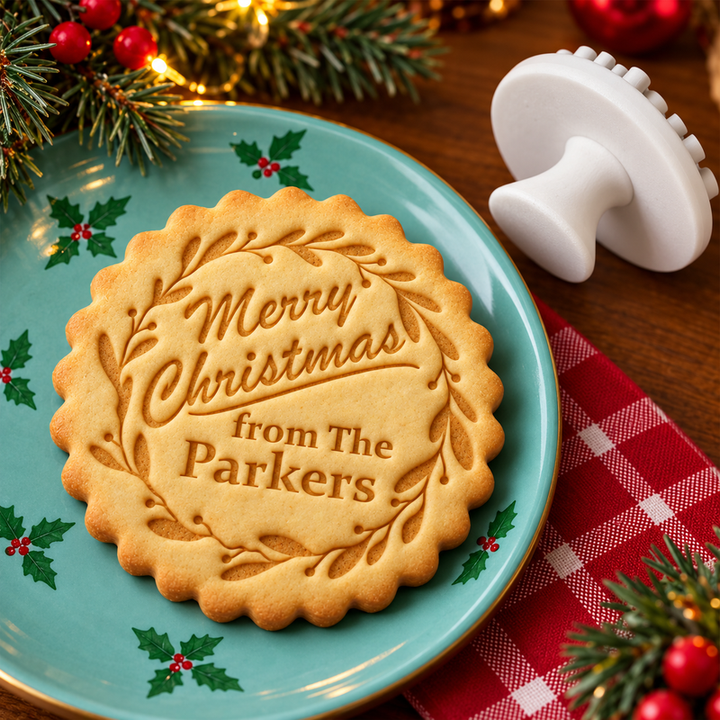 Personalised Christmas cookie stamp beside a cookie with the Parkers family name