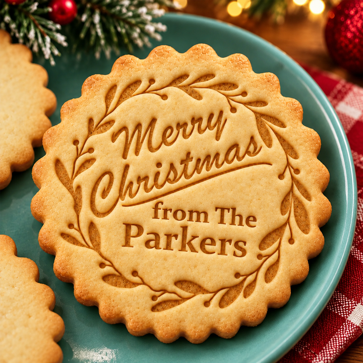 Christmas wreath and personalised message impressed into a cookie
