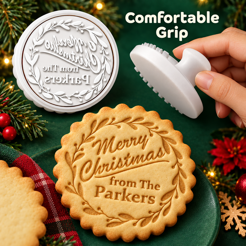 White cookie stamp handle held with a comfortable grip