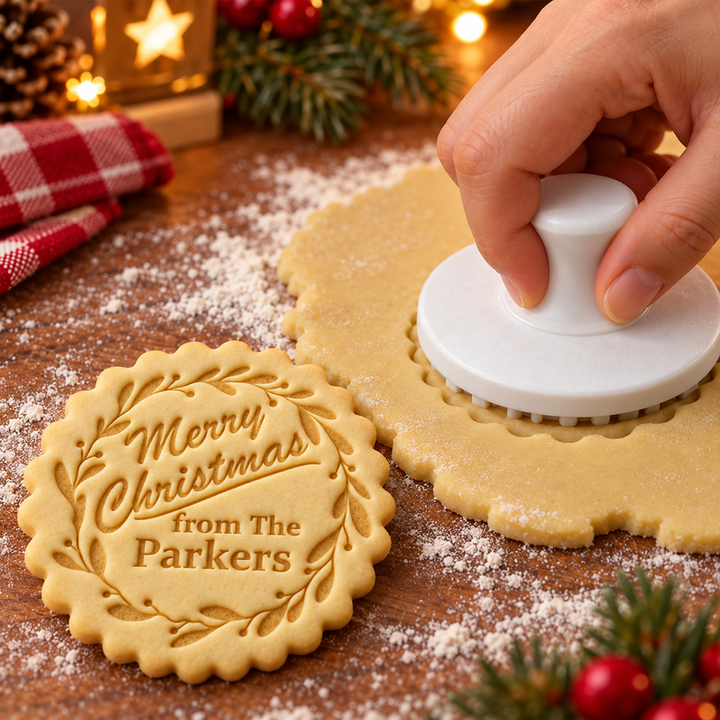 Pressing a personalised Christmas stamp into cookie dough