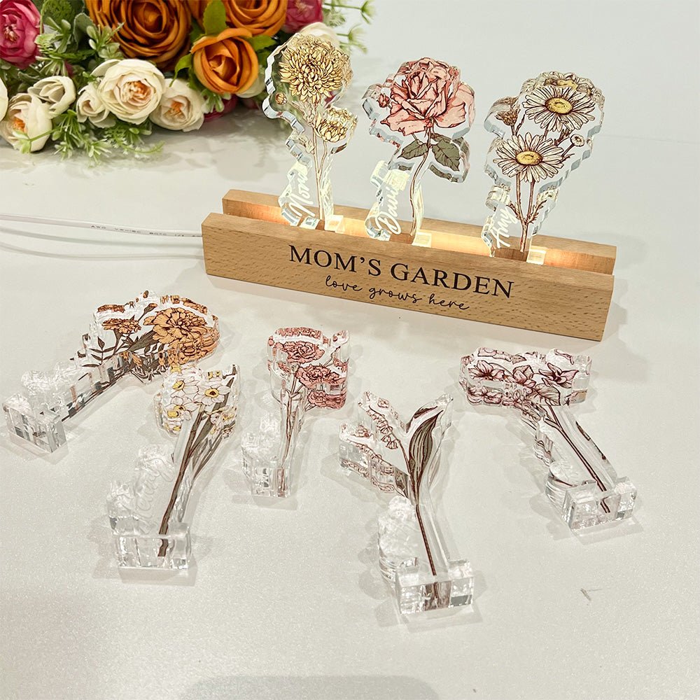 Custom Birth Flower 3D Crystal Acrylic LED Light With Children's Names - Canvasgiftco