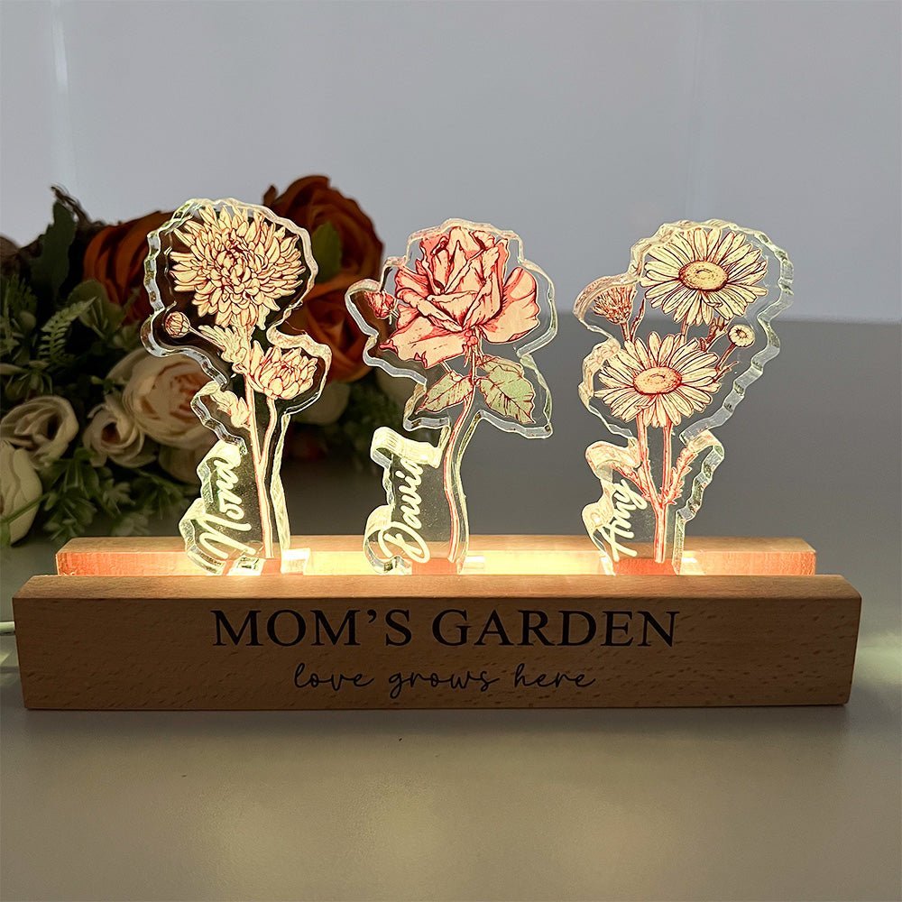 Custom Birth Flower 3D Crystal Acrylic LED Light With Children's Names - Canvasgiftco