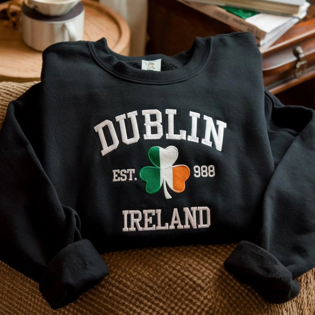 Custom City/County St Patrick's Day Embroidered Four Leaf Clover Sweatshirt - Canvasgiftco