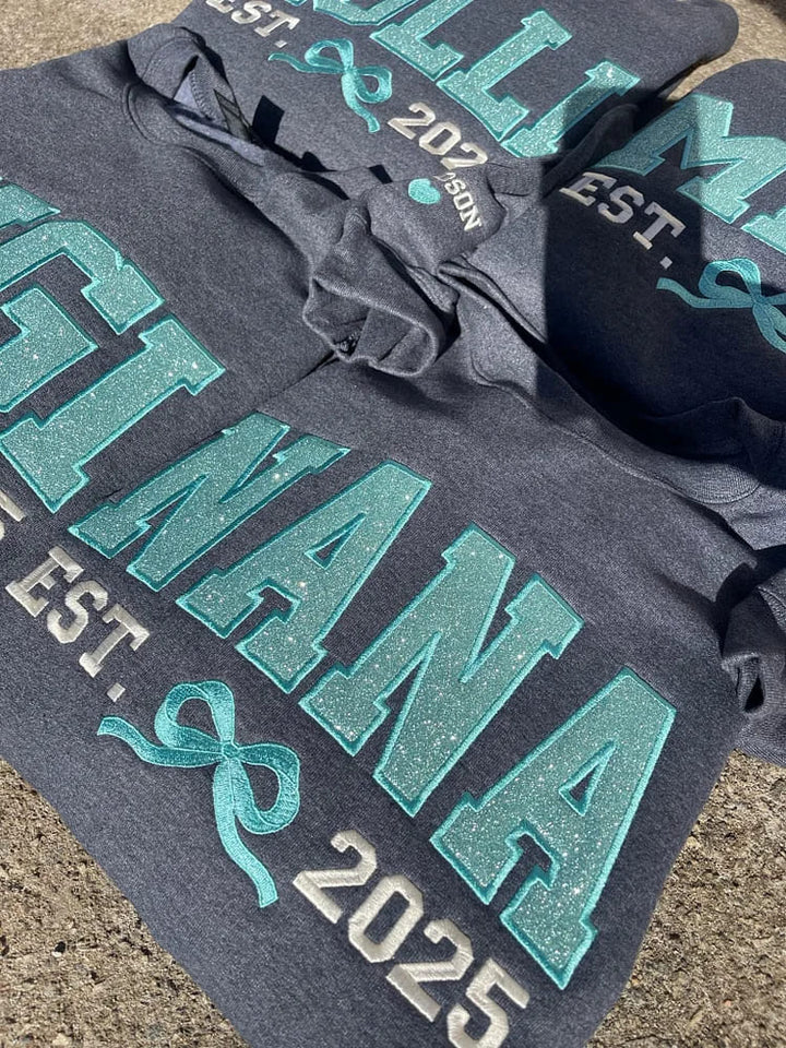 Custom Embroidered Glitter Vinyl Mom Bow Hoodie - Canvasgiftco