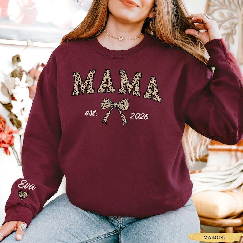 Custom Leopard Mama Sweatshirt With Kid Name On Sleeve, Personalized Mom Sweatshirt, Gift For Mom, Mothers Day Gift,Mama Est Year Sweatshirt - Canvasgiftco