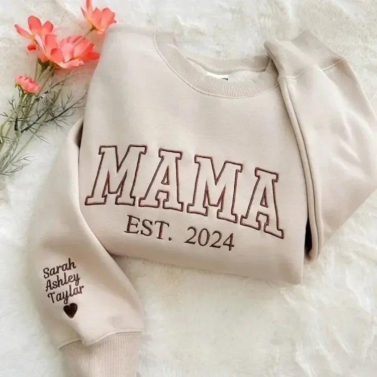Custom Mama Embroidered Sweatshirt With Kids Names Sleeve - Canvasgiftco